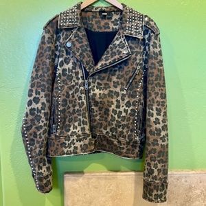 Leopard Print Studded Denim Moto Jacket